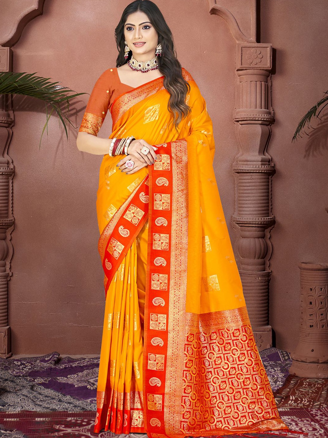 

SANGAM PRINTS Woven Design Silk Blend Designer Tussar Saree, Mustard