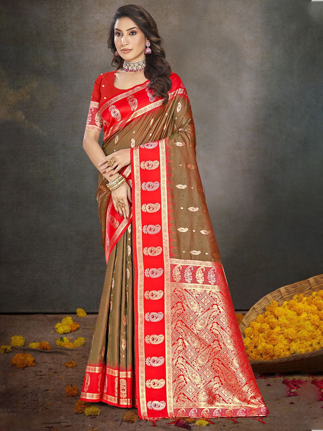 

SANGAM PRINTS Woven Design Silk Blend Designer Tussar Saree, Brown