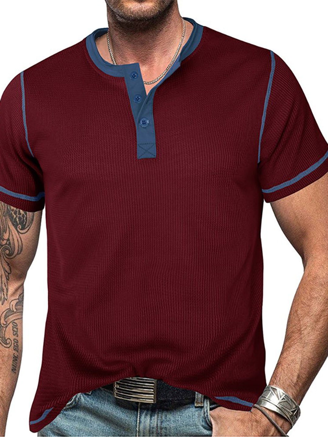 

StyleCast x Revolte Men Mandarin Collar T-shirt, Maroon