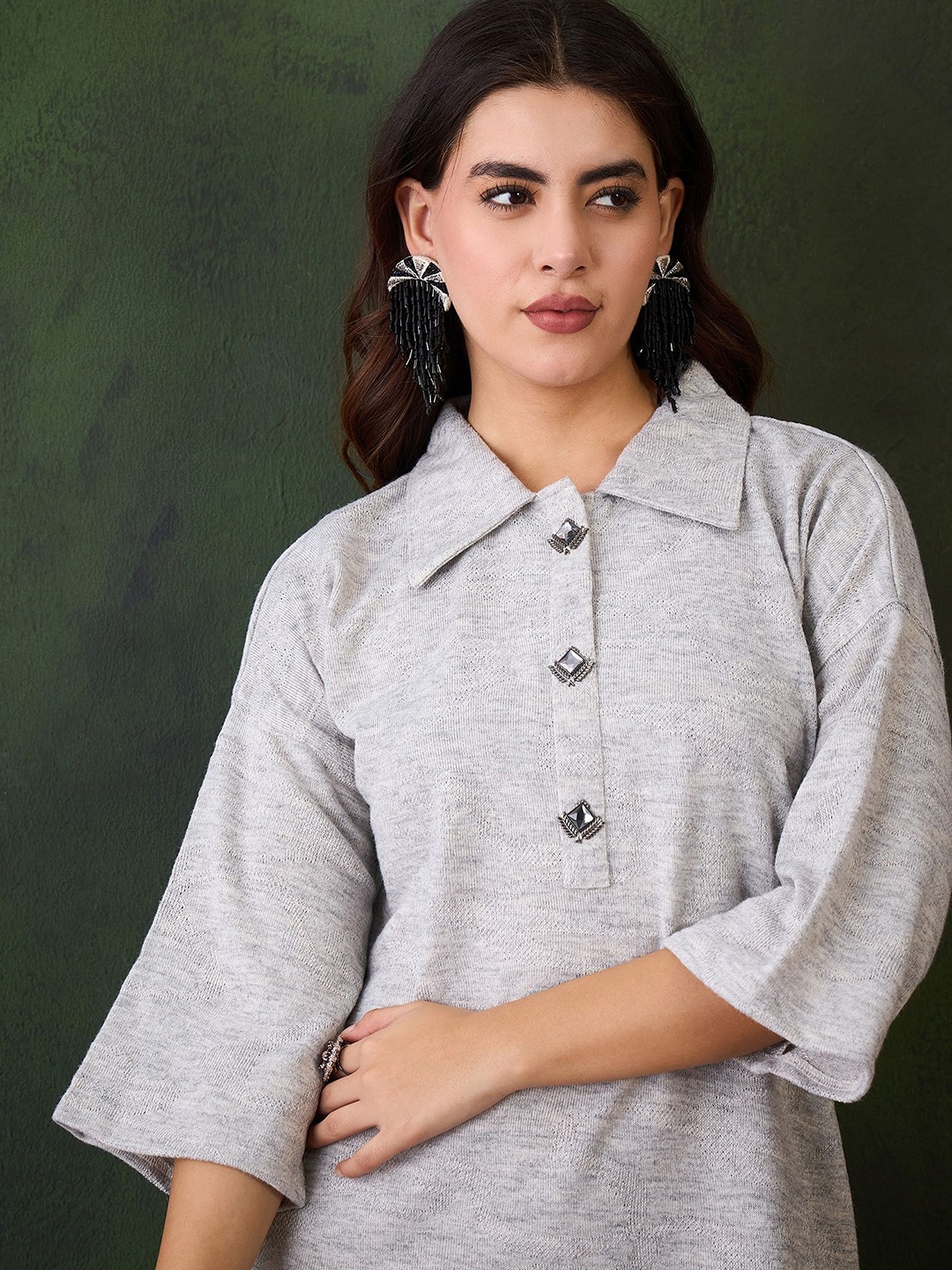 

Sangria Grey Self Design Spread Collar Three-Quarter Sleeves Top & Trouser