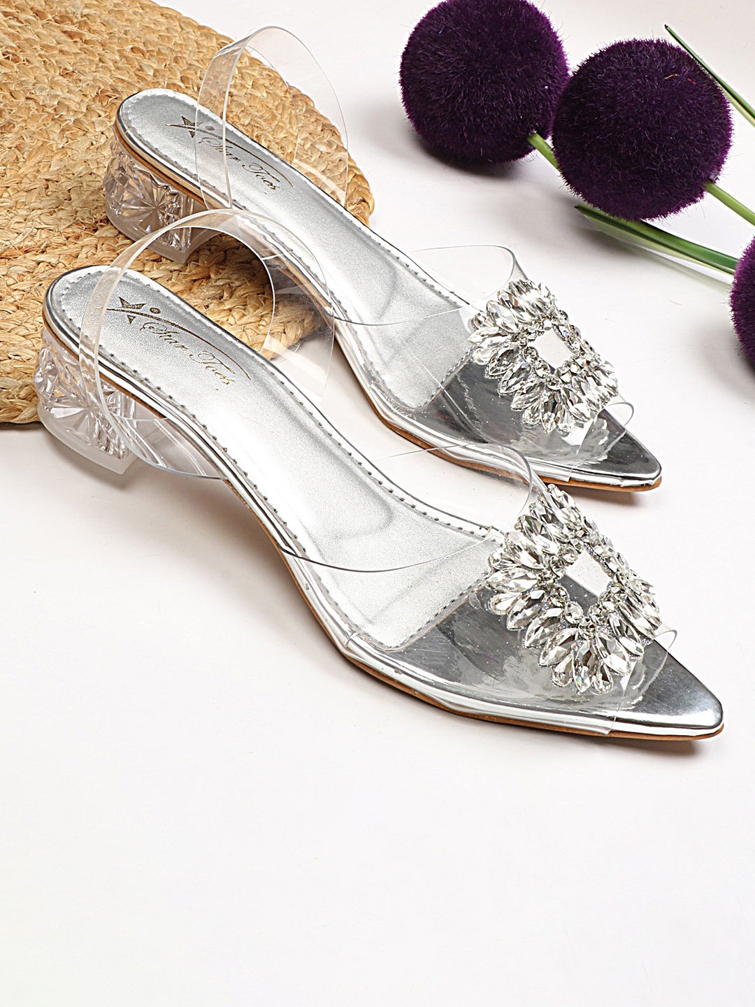 

STARTOES Women Embellished Pointed Toe Party Block Sandals, Silver