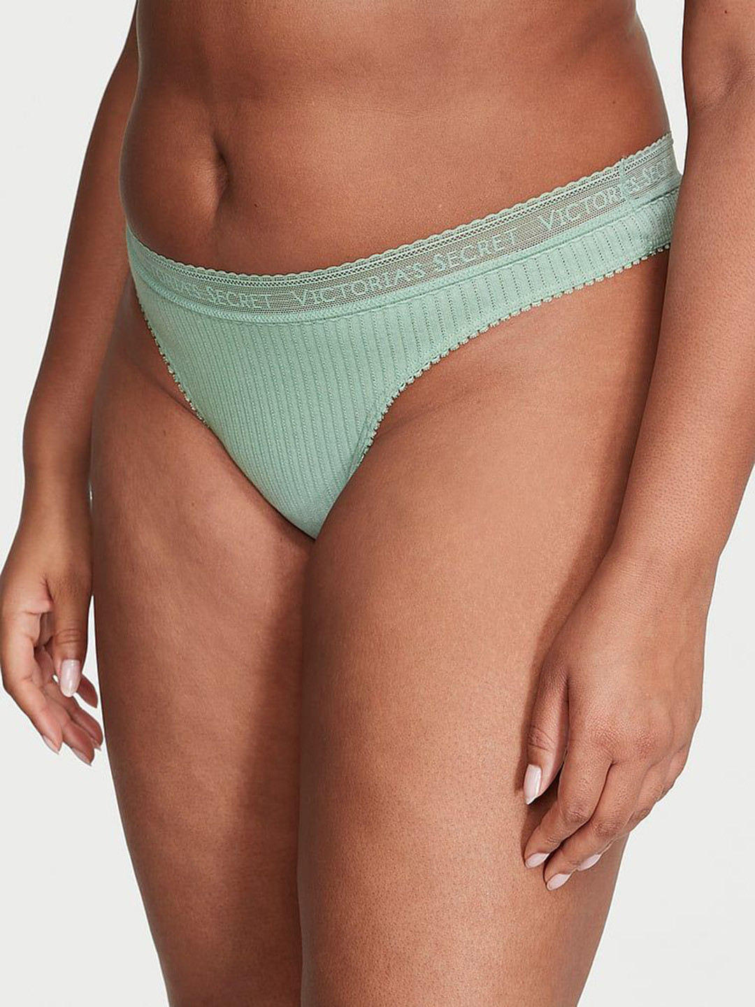 

Victoria's Secret Cotton Logo Detail Lace-Waist Thong Brief 1124034346K1, Green