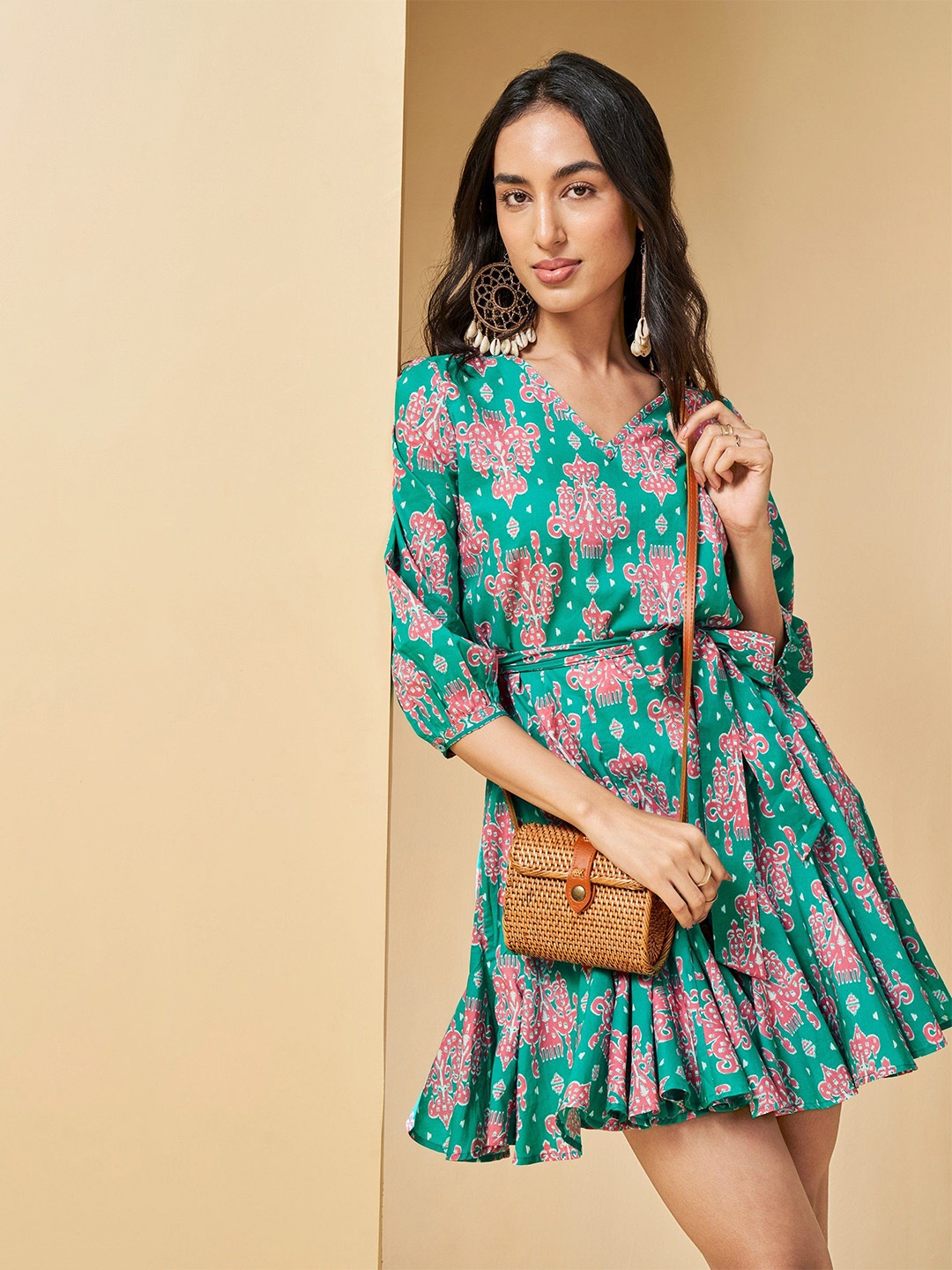 

all about you Embellished Print Fit & Flare Dress, Green