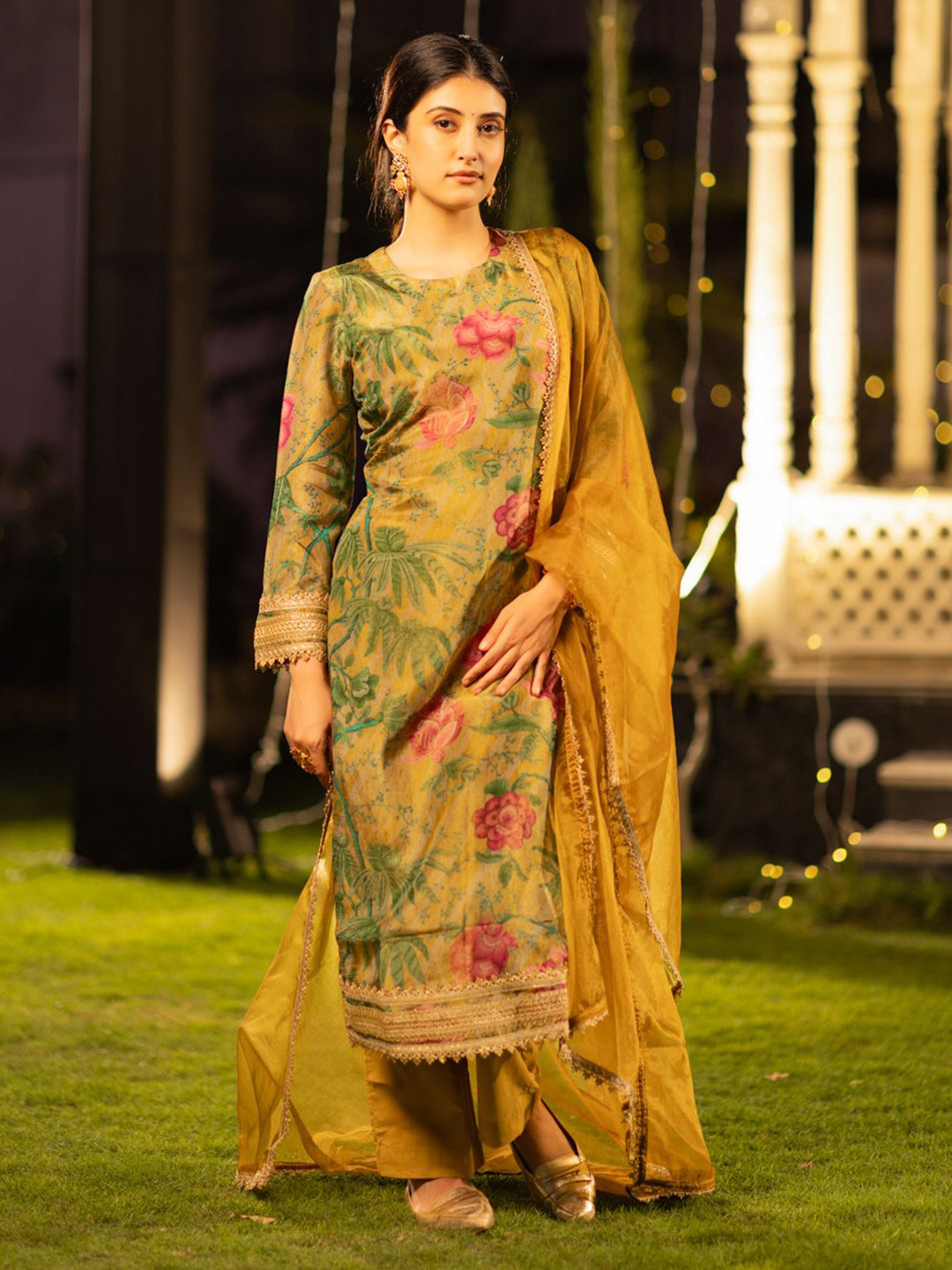 

Ambraee Floral Printed Straight Kurta With Trousers & Dupatta, Mustard