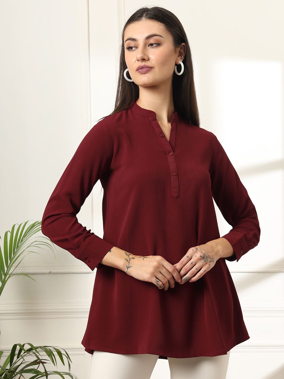 

FITHUB Mandarin Collar Longline Top, Maroon