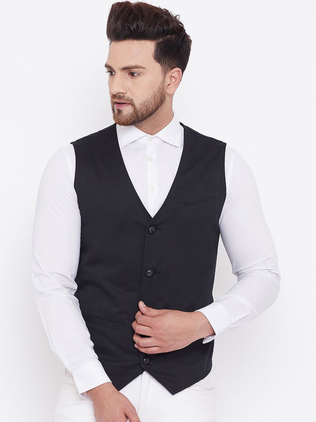 

Hypernation Pure Cotton V Neck Twill Waistcoat, Black