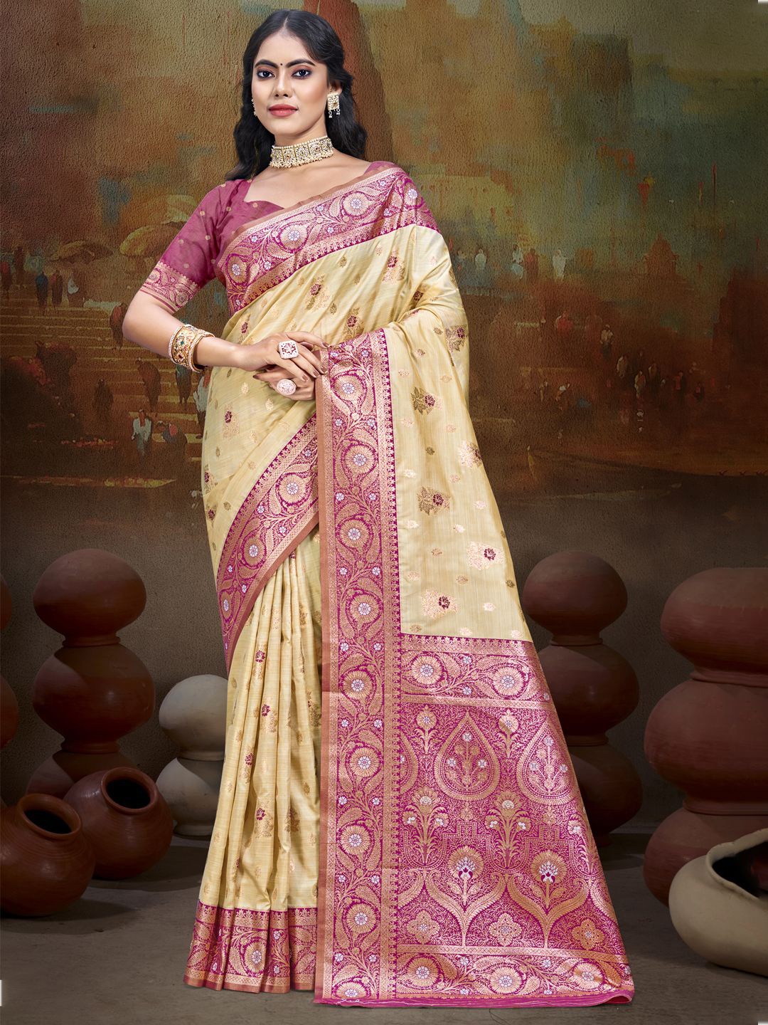 

SANGAM PRINTS Woven Design Zari Silk Blend Tussar Saree, Beige