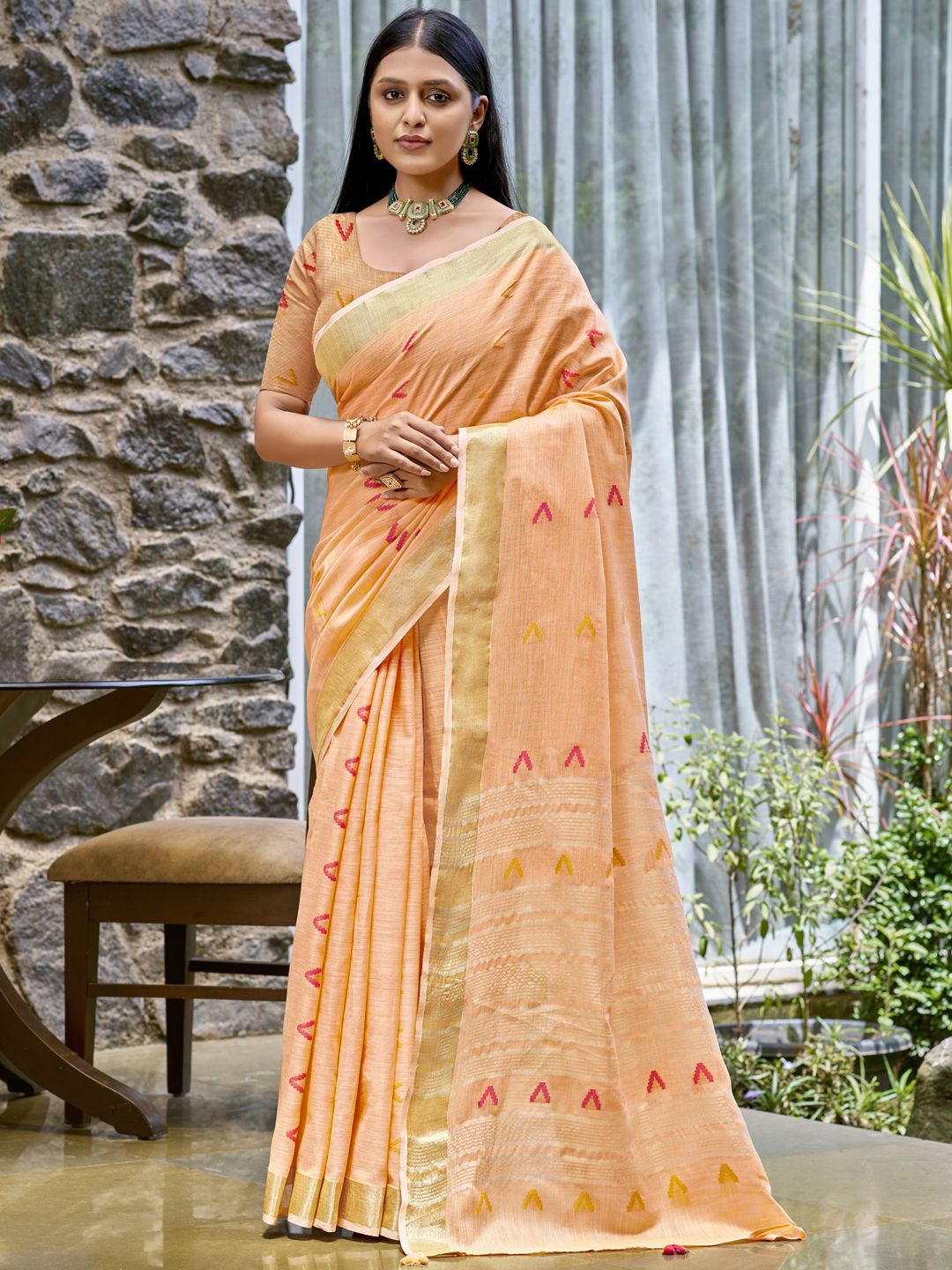 

SANGAM PRINTS Woven Design Designer Tussar Saree, Peach