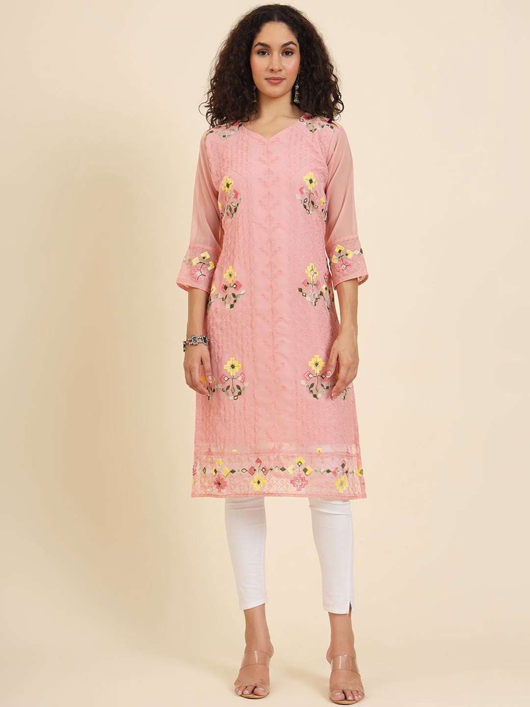 

HERE&NOW Women Floral Embroidered Thread Work Georgette Kurta, Peach