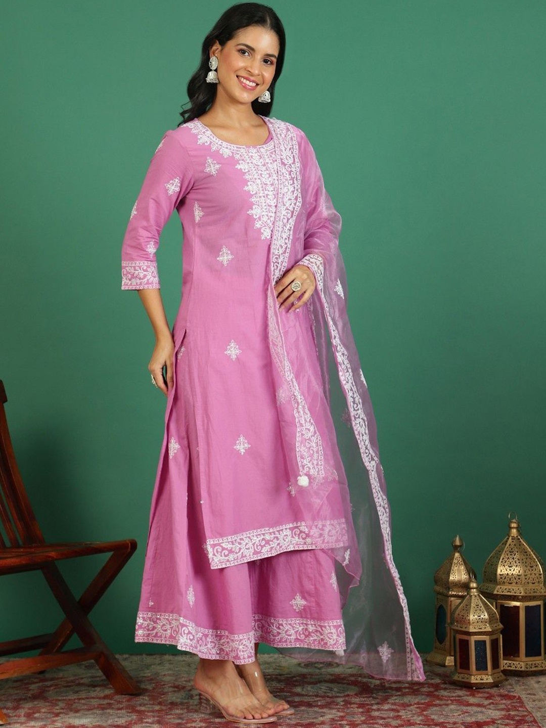 

Sangria Embroidered Pure Cotton Round- Neck Kurta & Trousers With Dupatta, Purple