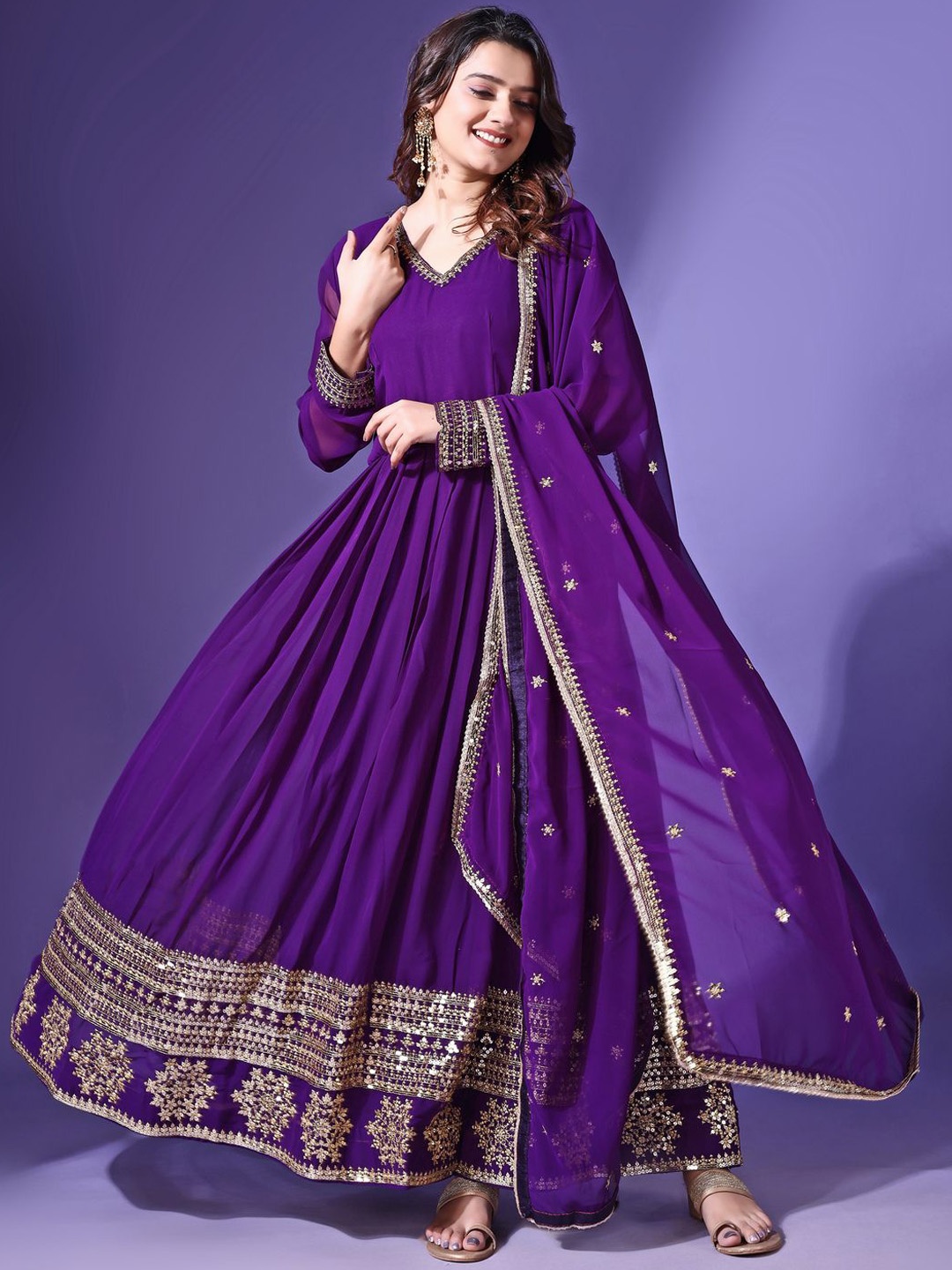 

YOYO Fashion Ethnic Motifs Embroidered Kurta with Trousers & Dupatta, Purple