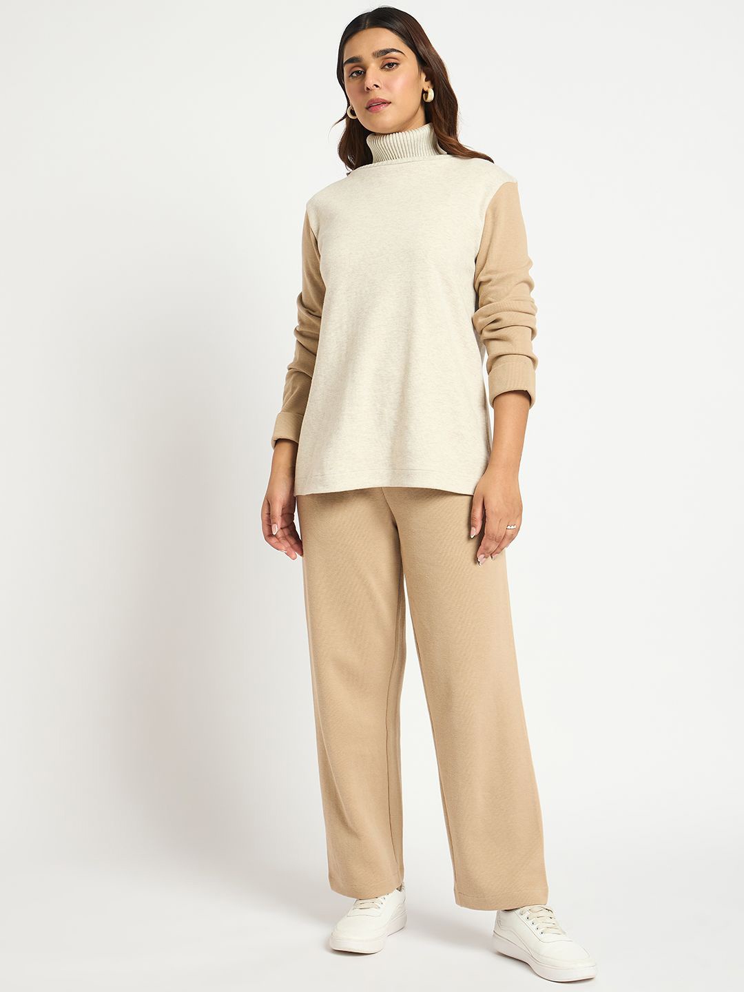 

FEMMELLA Women Colourblocked Turtle Neck Pullover, Beige