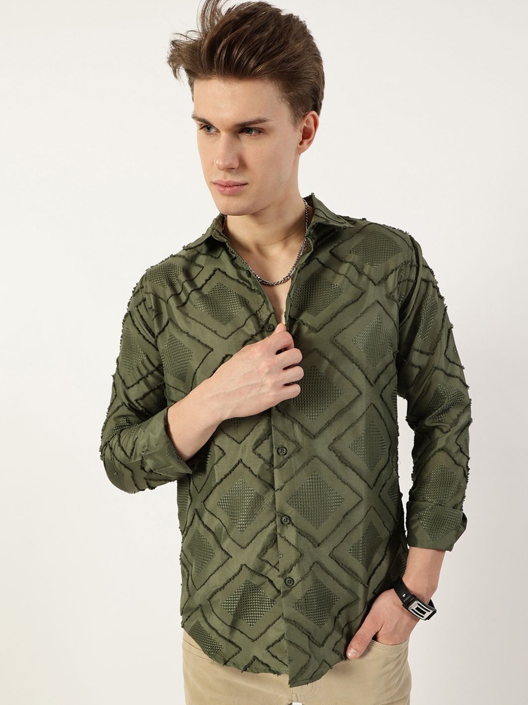 

Thomas Scott Men Premium Spread Collar Textured Slim Fit Casual Shirt, Green