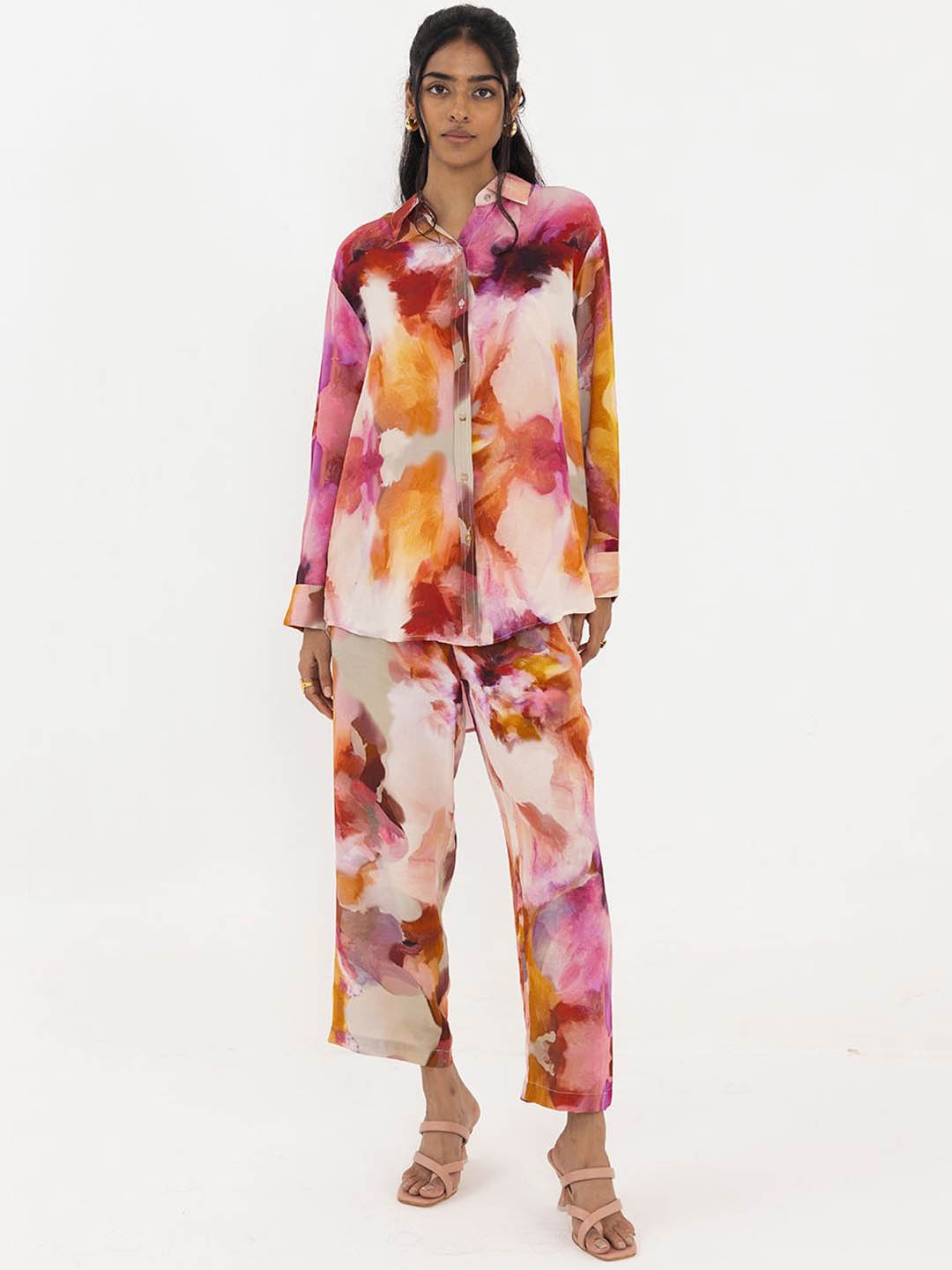 

THR3Letter Floral Printed Shirt Collar Long Sleeves Shirt & Trouser, Pink