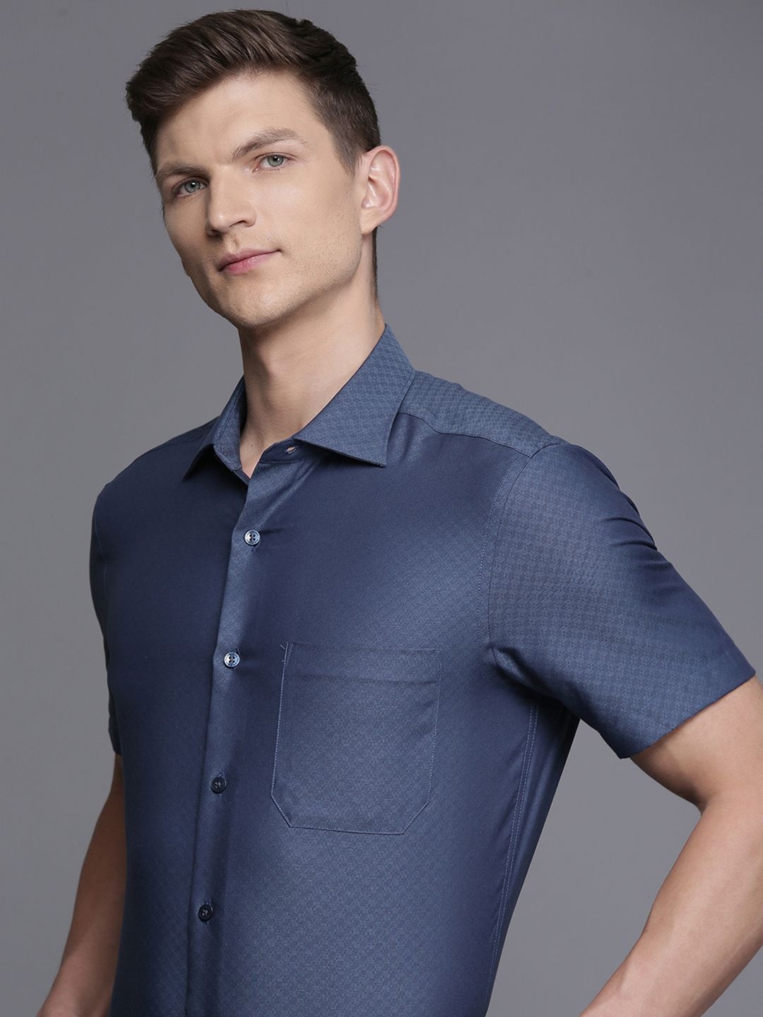 

Louis Philippe Pure Cotton Self Design Classic Fit Textured Formal Shirt, Navy blue