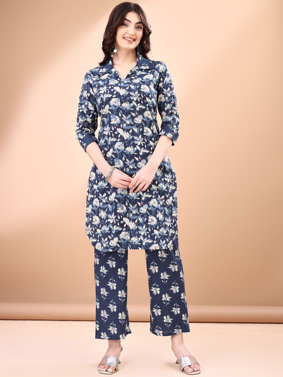 

Anouk Shirt Collar Printed Pure Cotton Top With Trousers, Navy blue