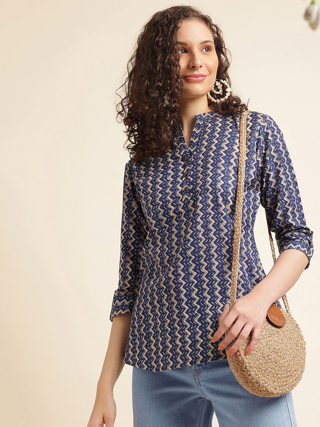 

all about you Floral Print Mandarin Collar Roll-Up Sleeves Top, Blue