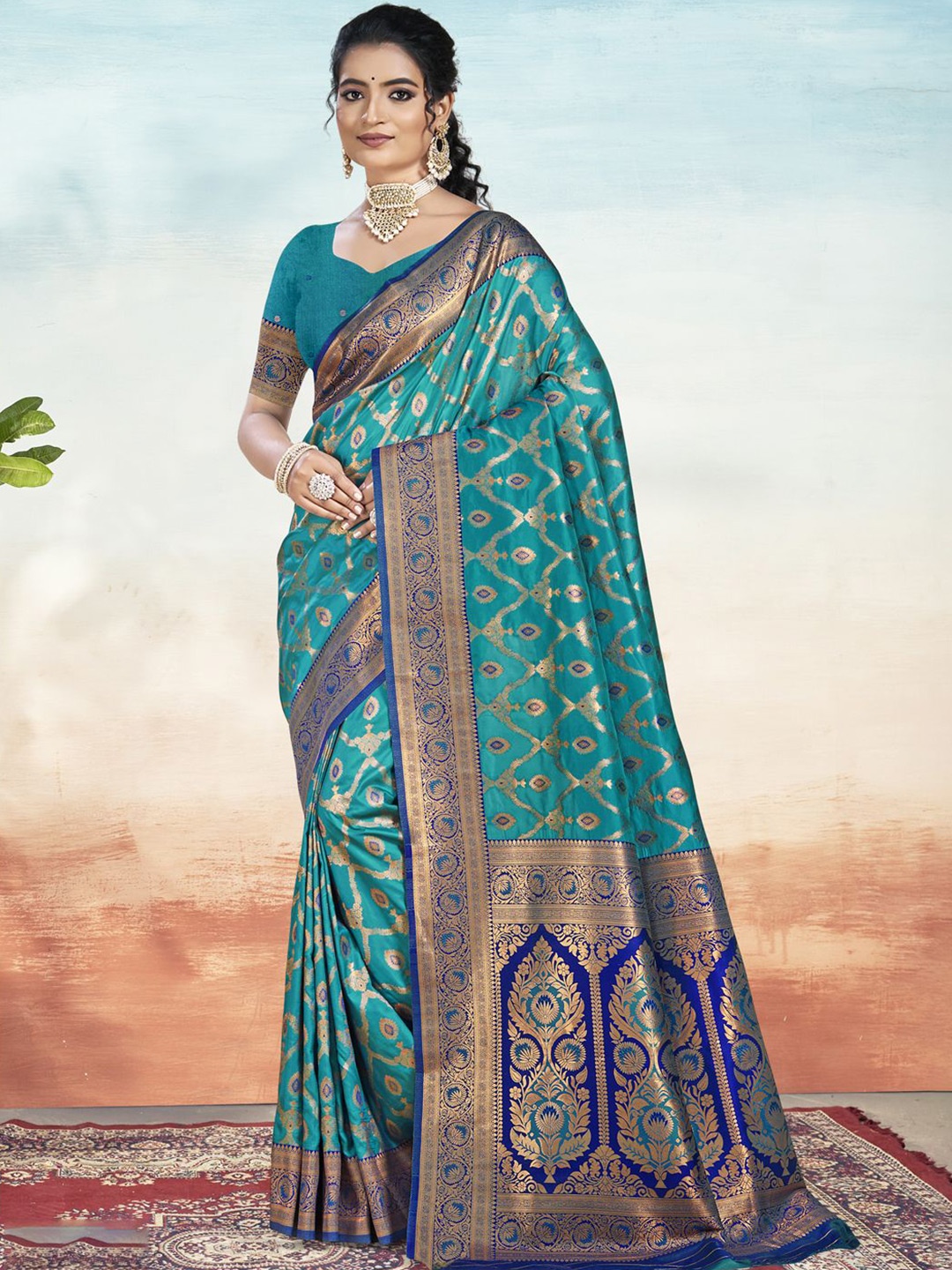 

SANGAM PRINTS Woven Design Silk Blend Designer Tussar Saree, Blue