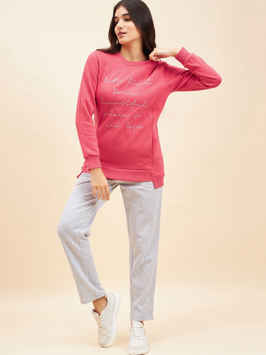 

July Printed Round Neck Long Sleeves Sweatshirt With Trouser, Coral