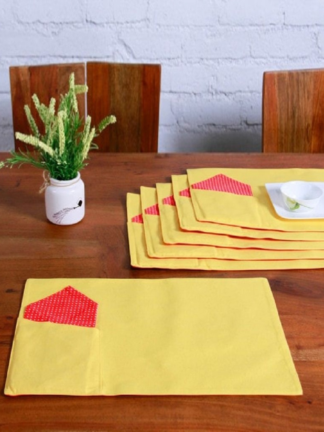 

Lushomes Yellow & Red 12 Pieces Printed Cotton Table Placemats & Napkins