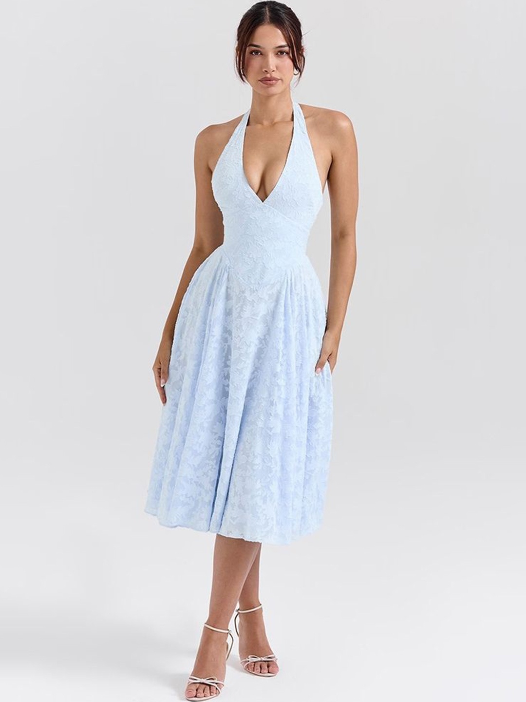 

LULU & SKY Women Halter Neck Fit & Flare Midi Dress, Blue