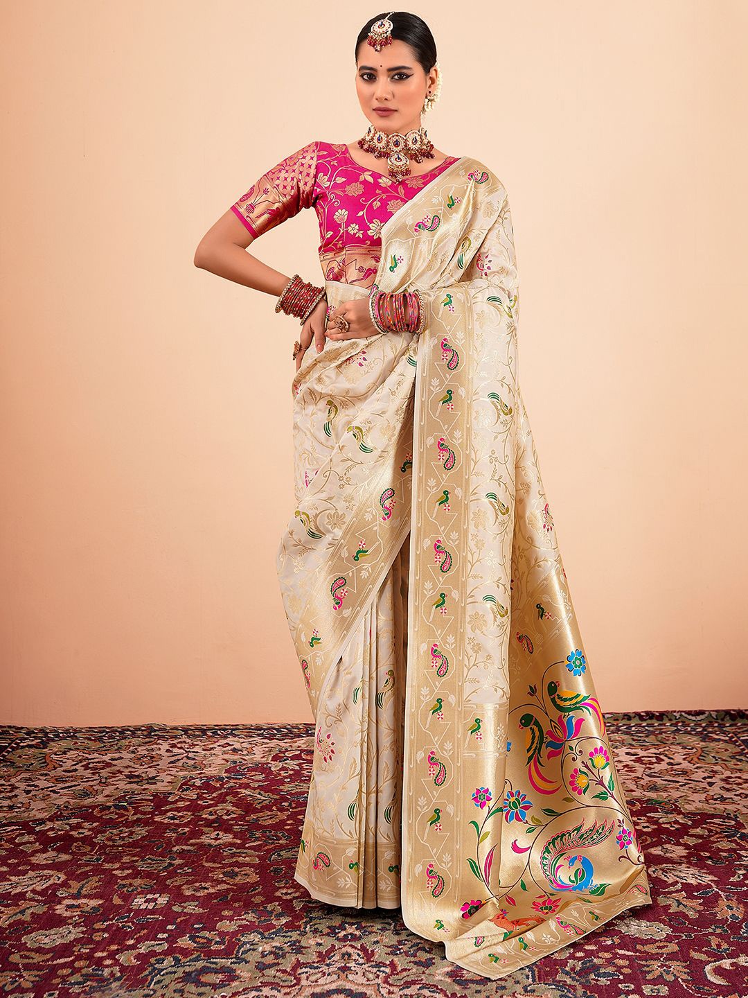 

Satrani Woven Design Zari Pure Silk Paithani Saree, Cream
