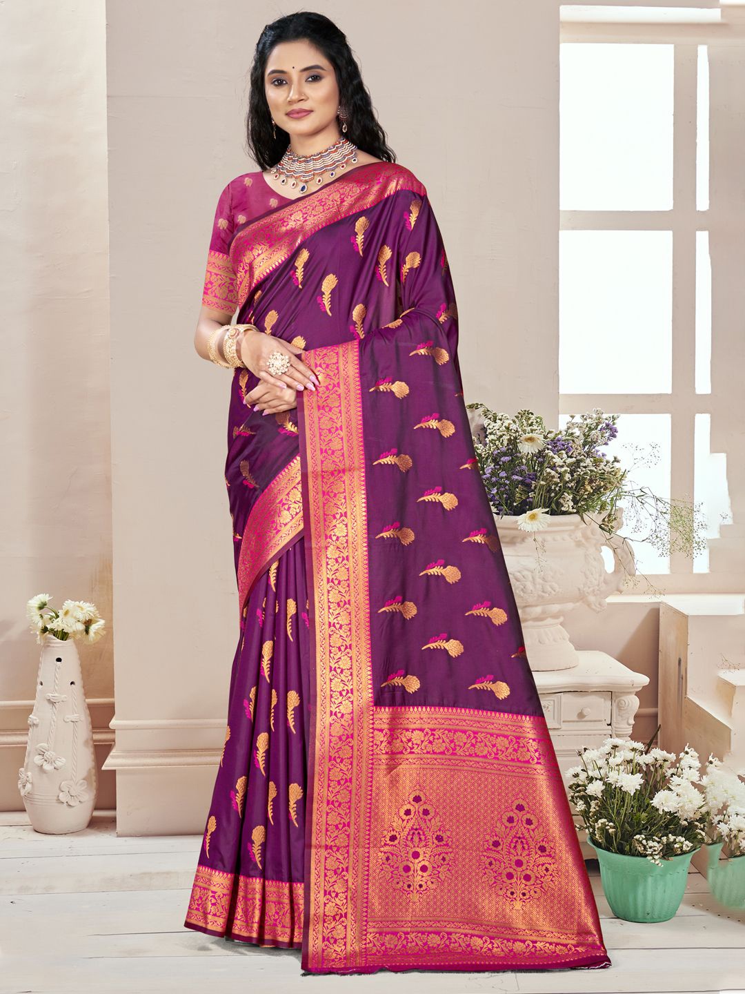 

SANGAM PRINTS Woven Design Silk Blend Designer Tussar Saree, Magenta