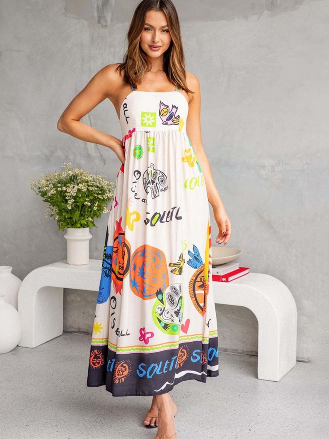 

LULU & SKY Women Printed Shoulder Straps Maxi Dress, White