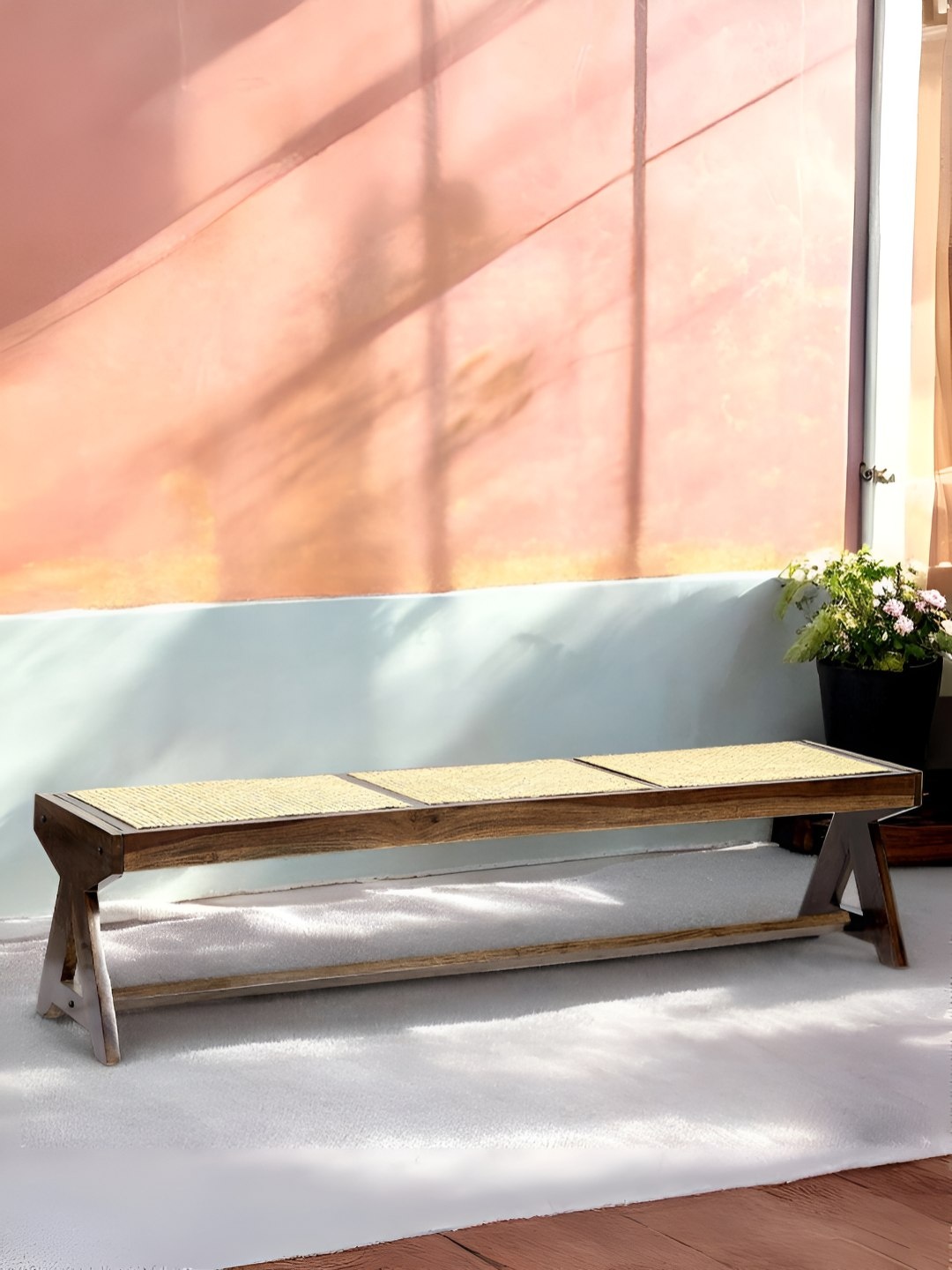 

Ikiriya Beige & Brown Wood Mid Century 4 Seater Bench with Rattan Work