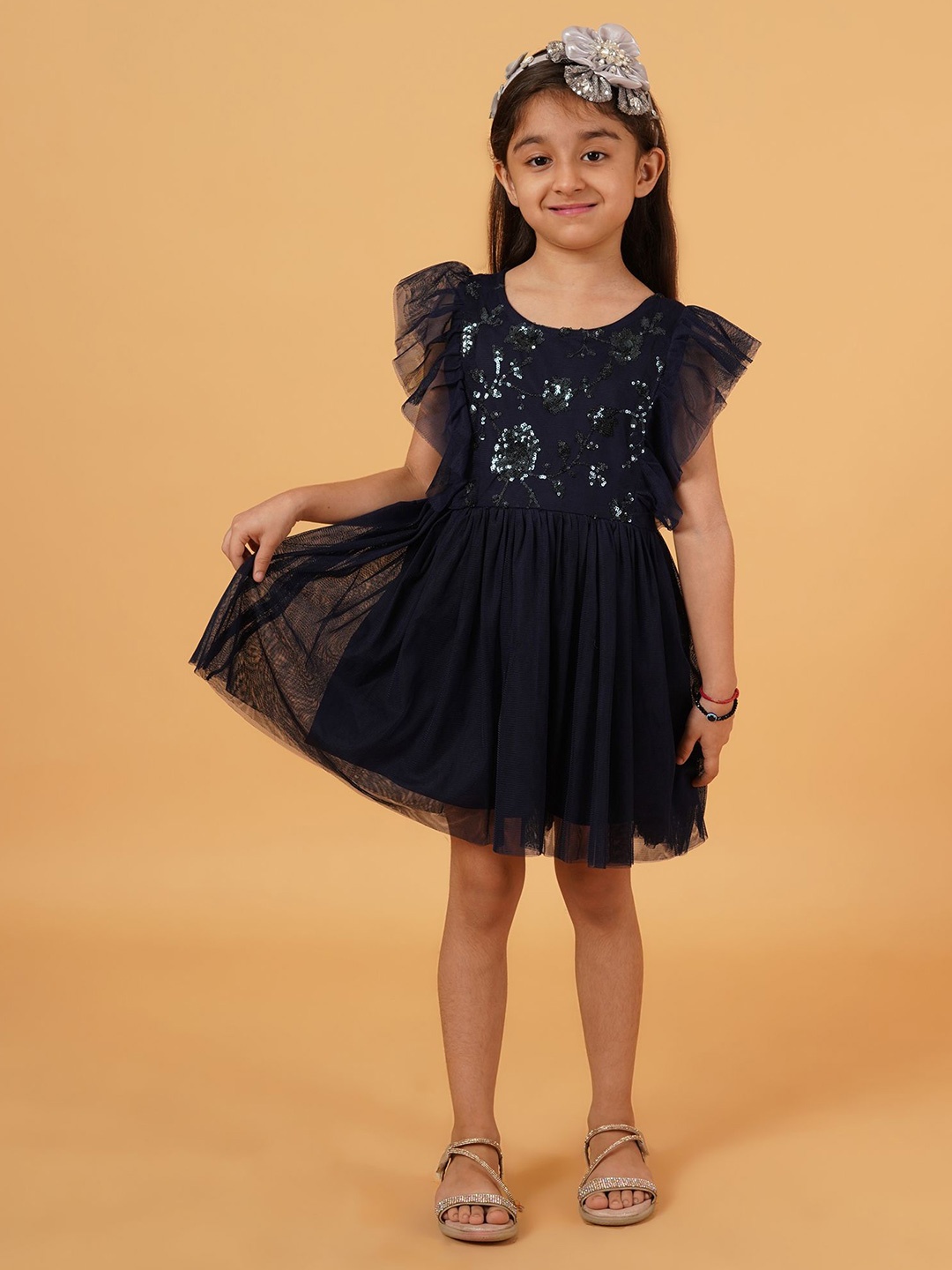 

HERE&NOW Embellished Flutter Sleeve Net Fit & Flare Dress, Navy blue