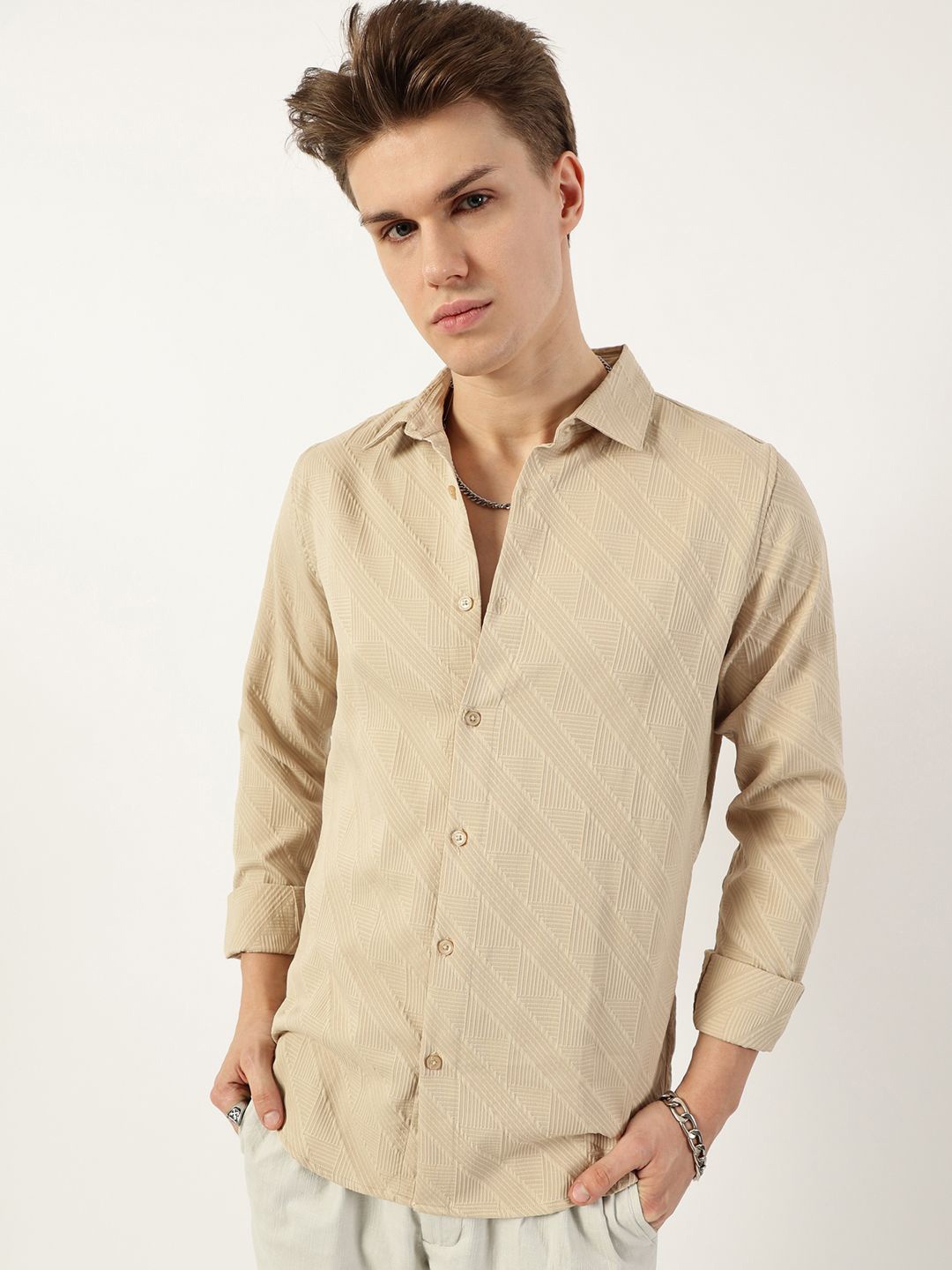 

Thomas Scott Men Premium Spread Collar Textured Solid Slim Fit Casual Shirt, Beige