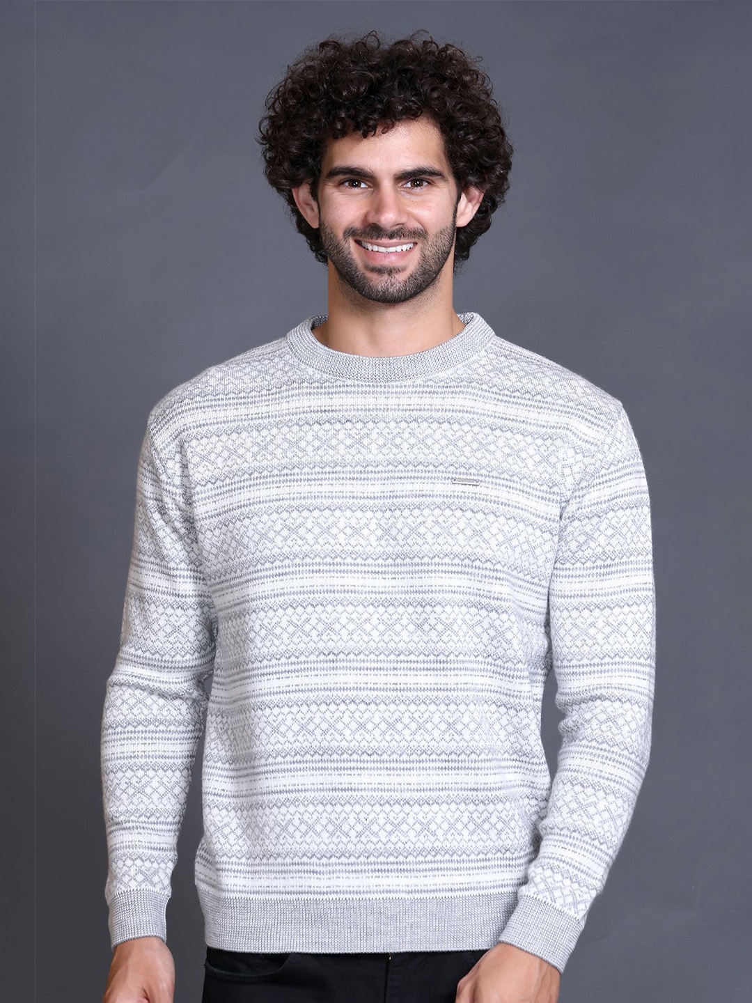 

GODFREY Men Striped Woollen Pullover Sweater, Grey