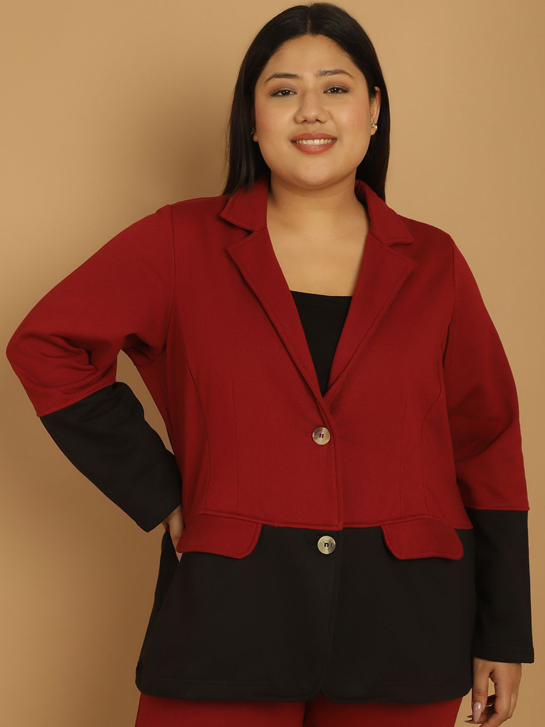 

theRebelinme Women Colourblocked Fleece Open Front Jacket, Maroon