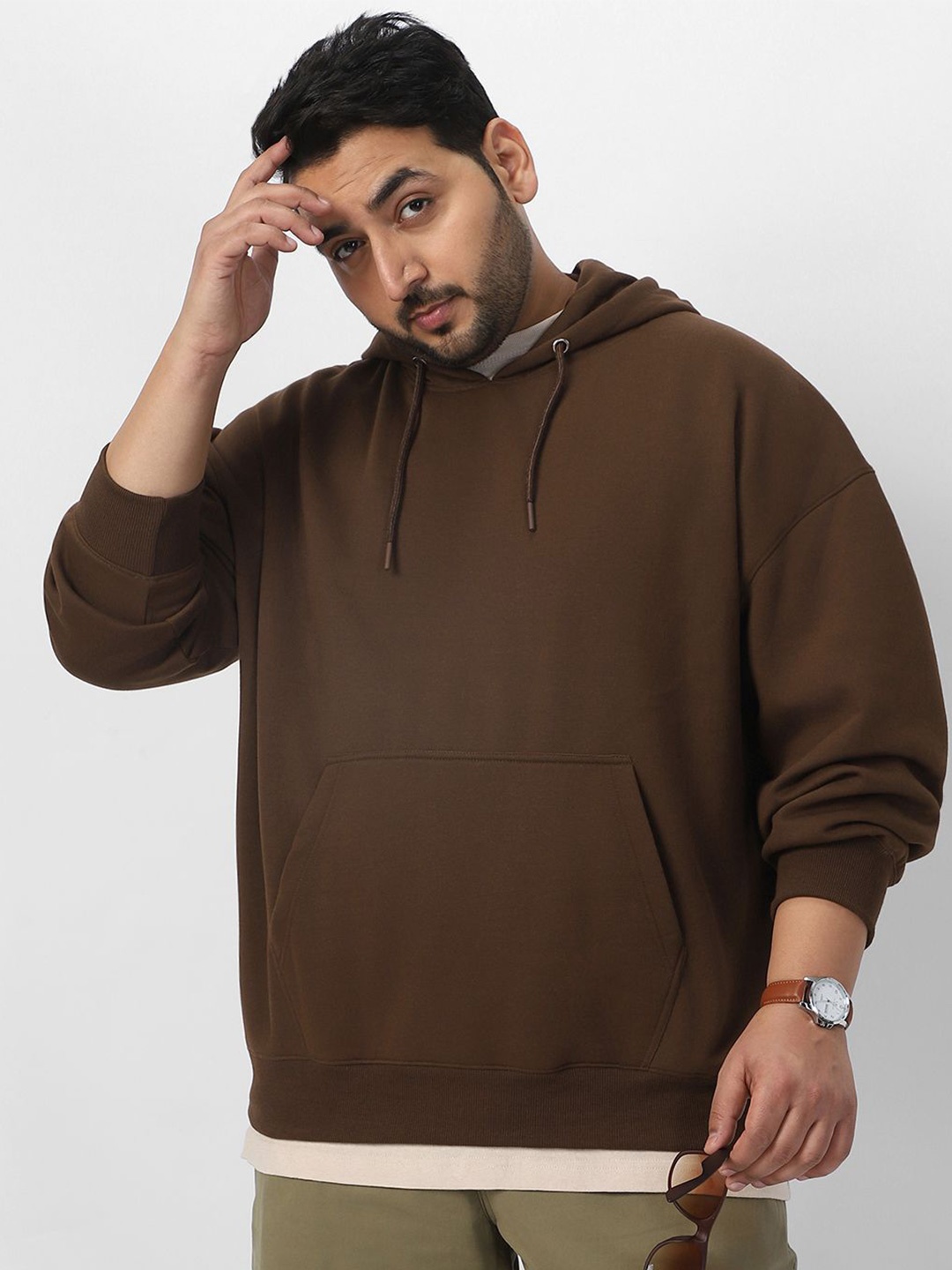 

Urbano Plus Men Plus Size Cotton Hooded Neck Oversized Pullover Sweatshirt, Brown