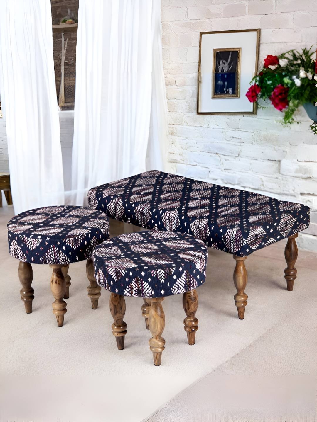 

Ikiriya Set Of 2 Blue Jacquard work stools With 3-Seater Bench