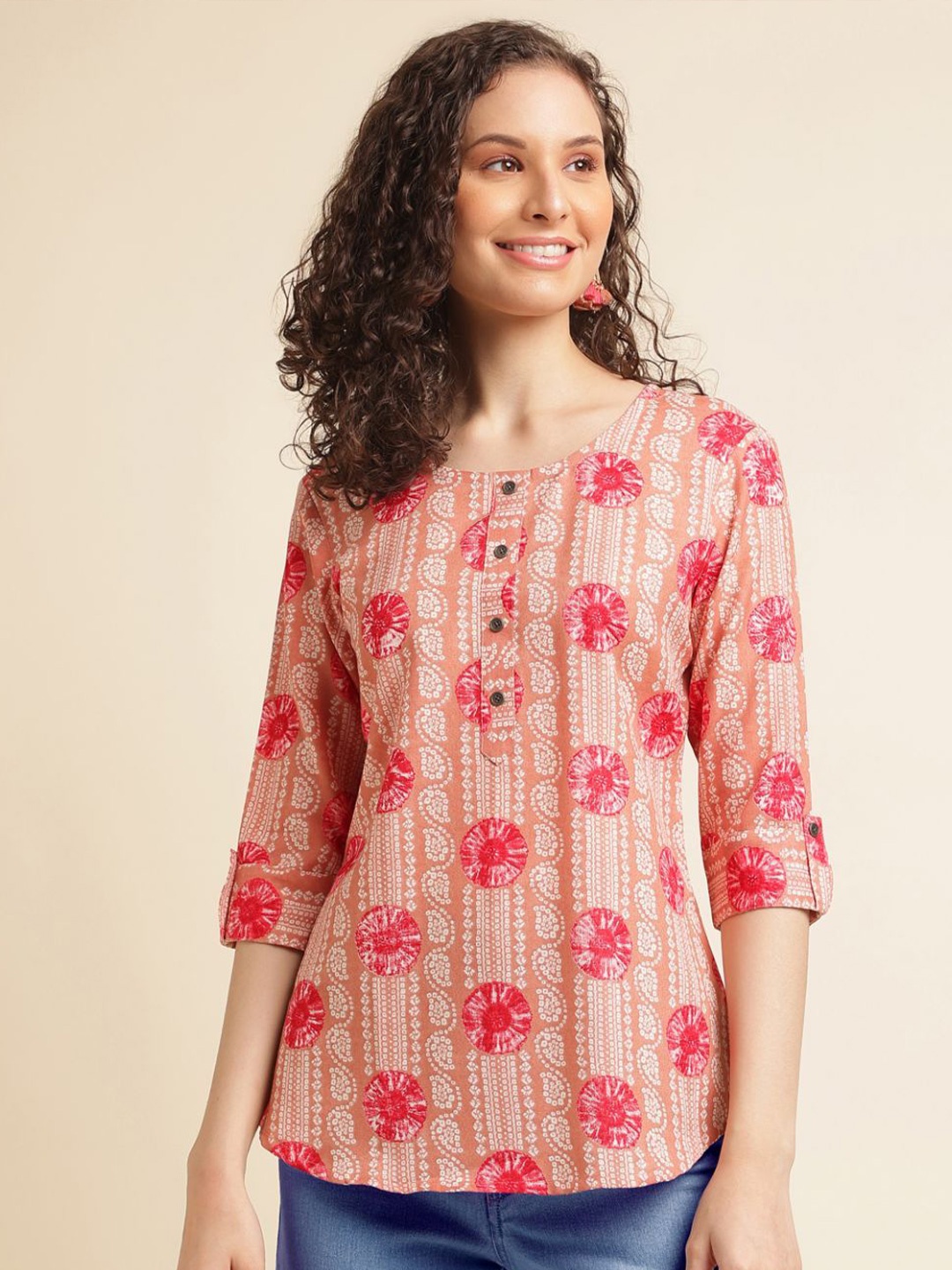 

all about you Floral Print Roll-Up Sleeves Top, Peach