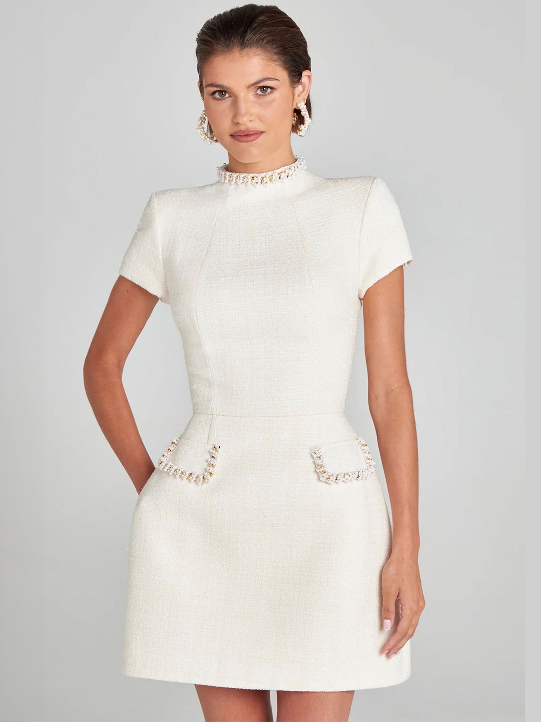 

LULU & SKY Women Mock Neck Fit & Flare Above Knee Dress, White