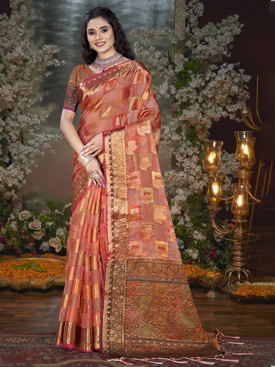 

SANGAM PRINTS Floral Zari Tissue Tussar Saree, Pink