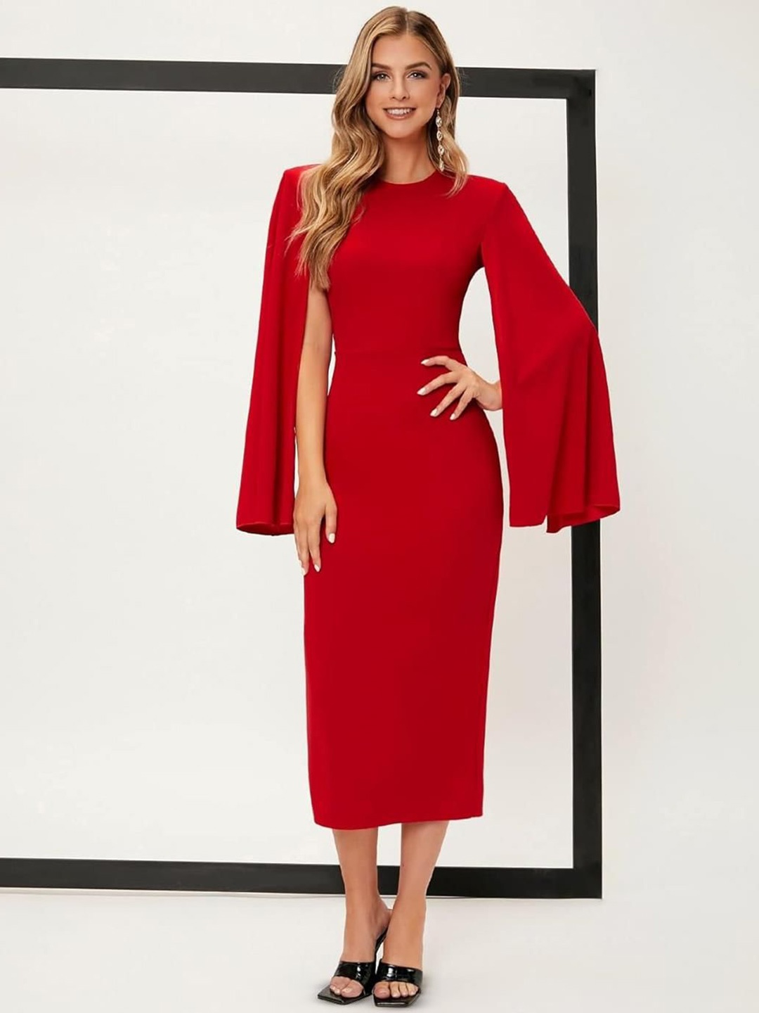 

Kotty Women Slit Sleeves Bodycon Midi Dress, Red