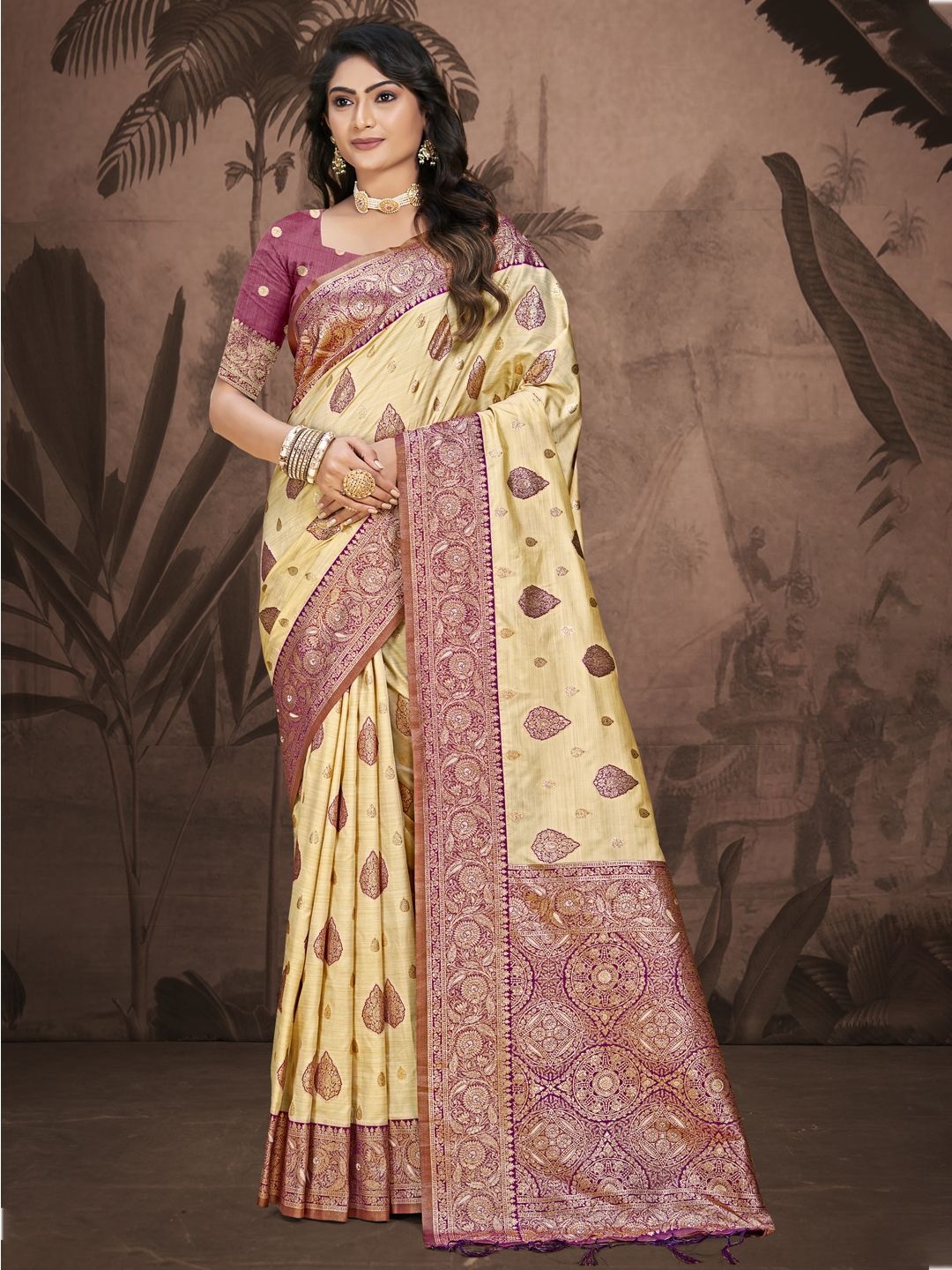 

SANGAM PRINTS Woven Design Zari Silk Blend Designer Tussar Saree, Beige