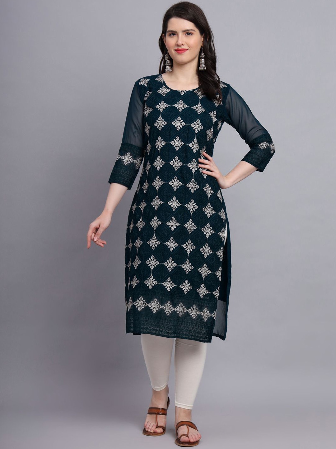 

HERE&NOW Women Floral Embroidered Thread Work Georgette Kurta, Teal