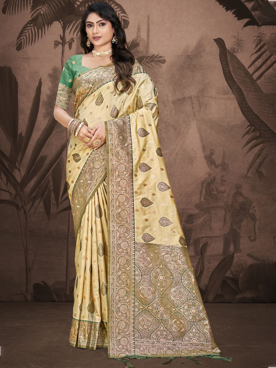 

SANGAM PRINTS Woven Design Silk Blend Designer Tussar Saree, Beige