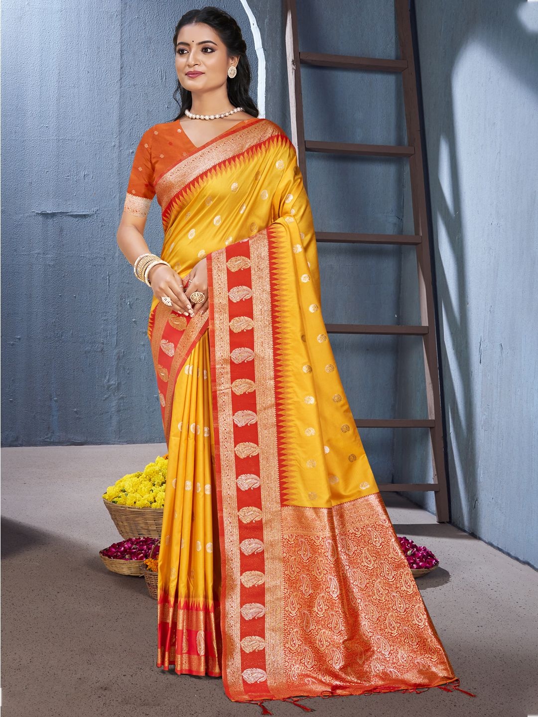 

SANGAM PRINTS Woven Design Zari Silk Blend Designer Tussar Saree, Yellow