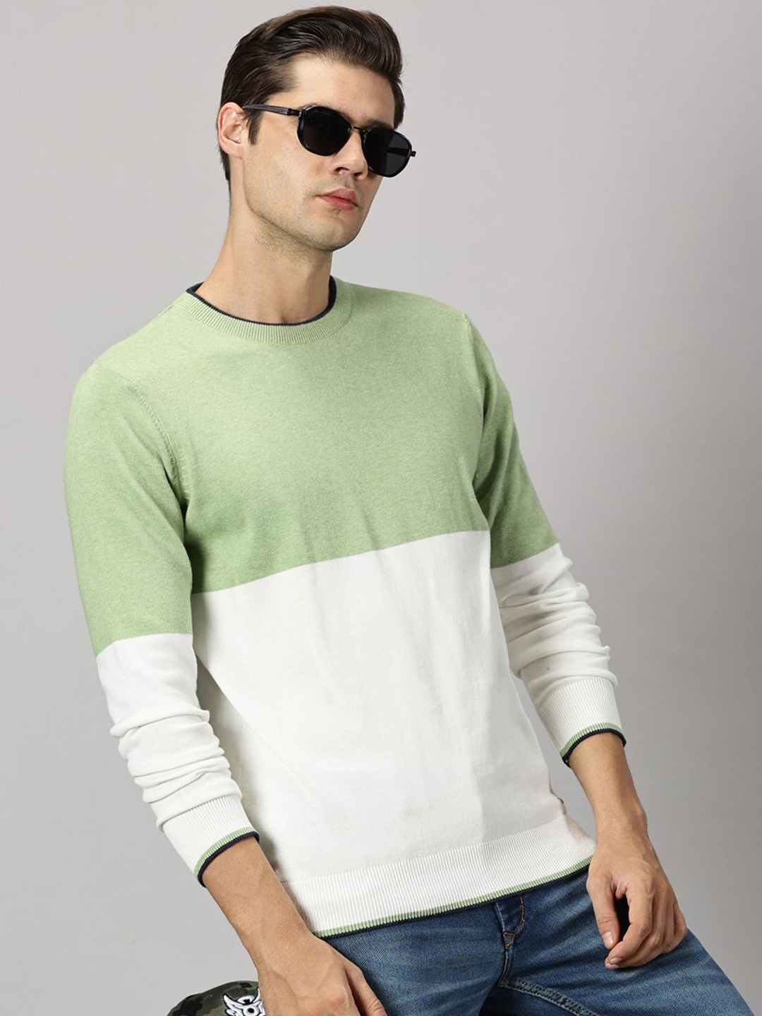 

BLACK BUCK Colourblocked Crew Neck Sweater, White