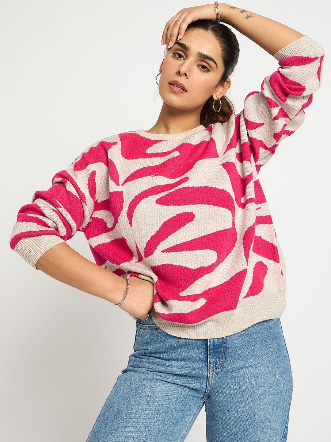 

FEMMELLA Women Printed Round Neck Long Sleeves Pullover, Pink