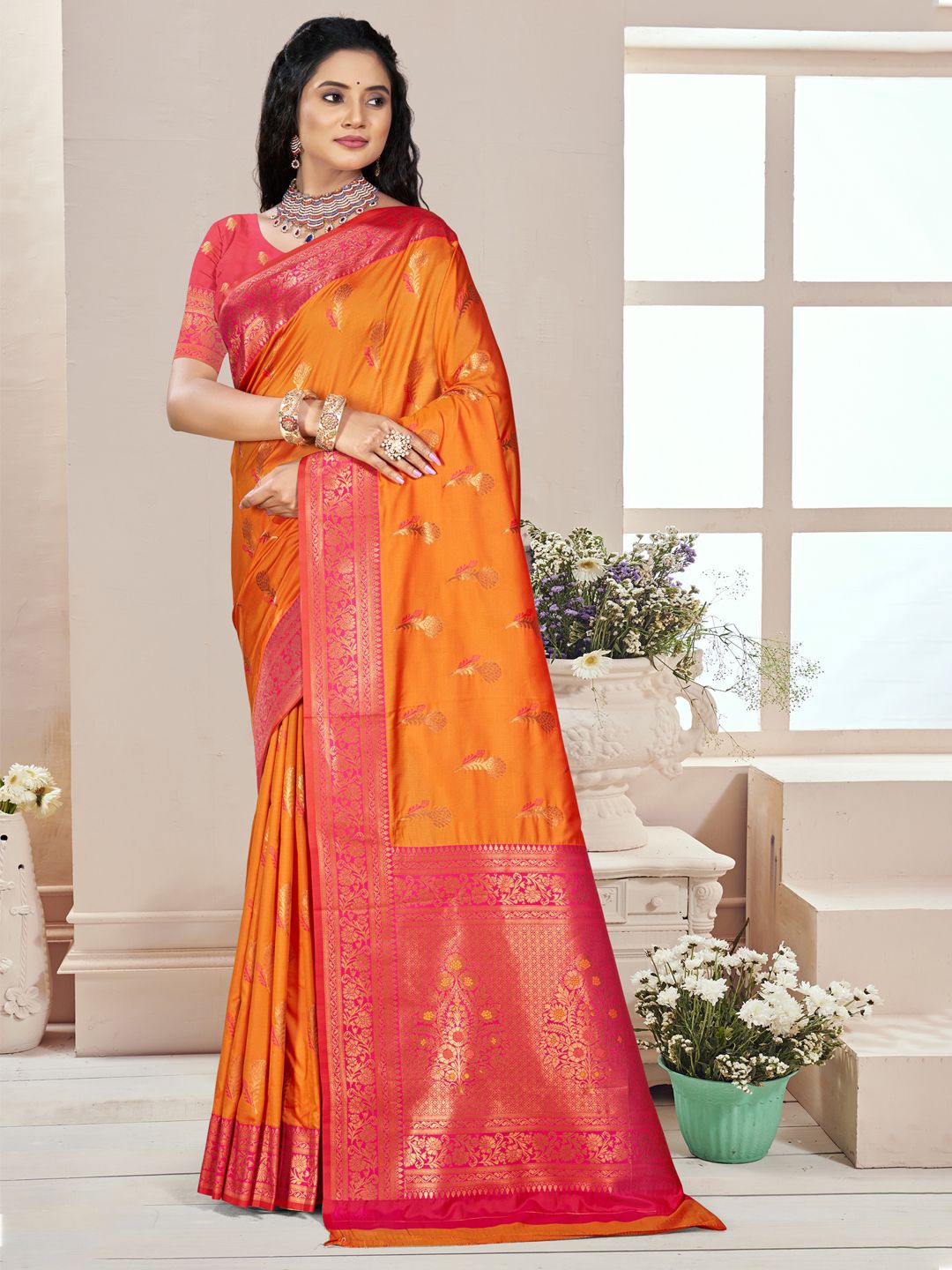 

SANGAM PRINTS Woven Design Silk Blend Designer Tussar Saree, Orange