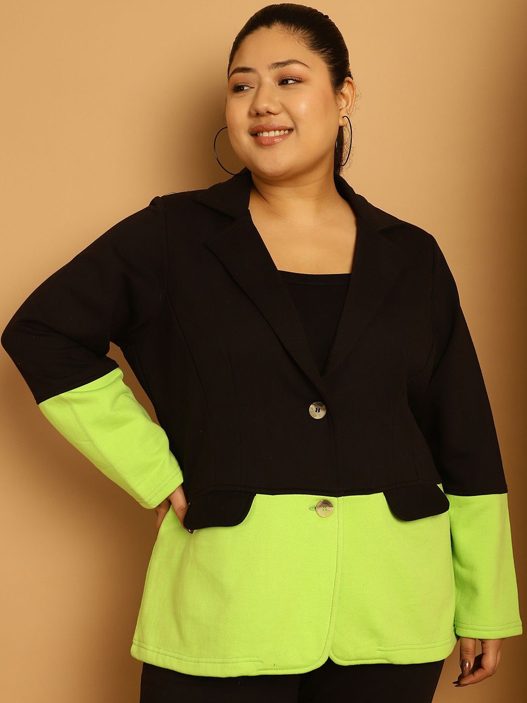 

theRebelinme Women Colourblocked Fleece Open Front Jacket, Green