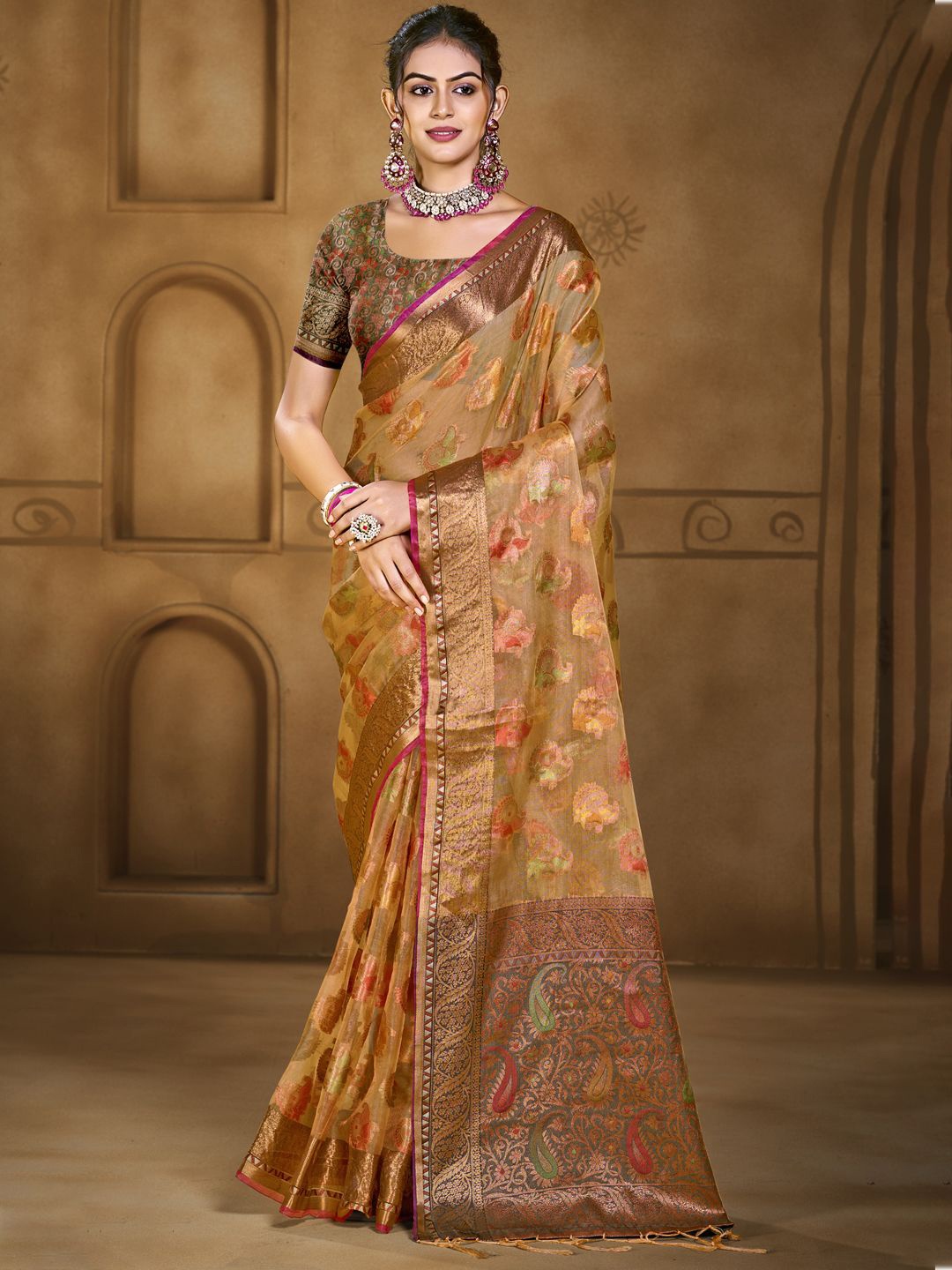 

SANGAM PRINTS Woven Design Zari Organza Designer Tussar Saree, Orange