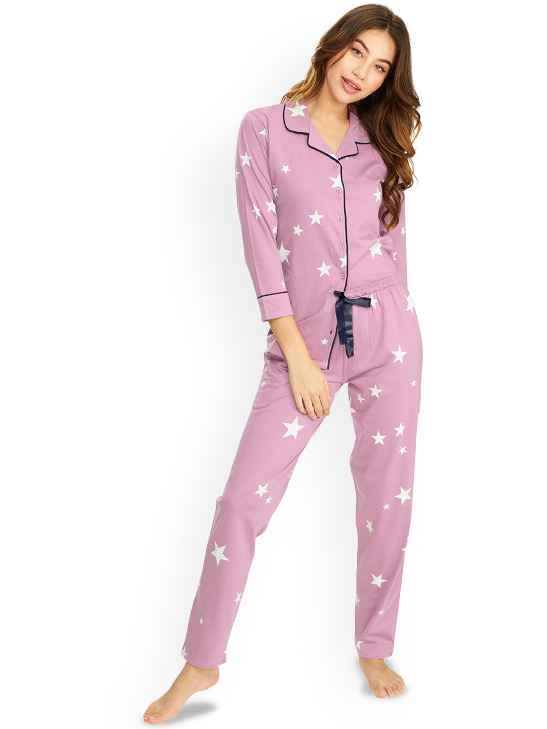 

Lotik Women Graphic Printed Lapel Collar Night suit, Pink