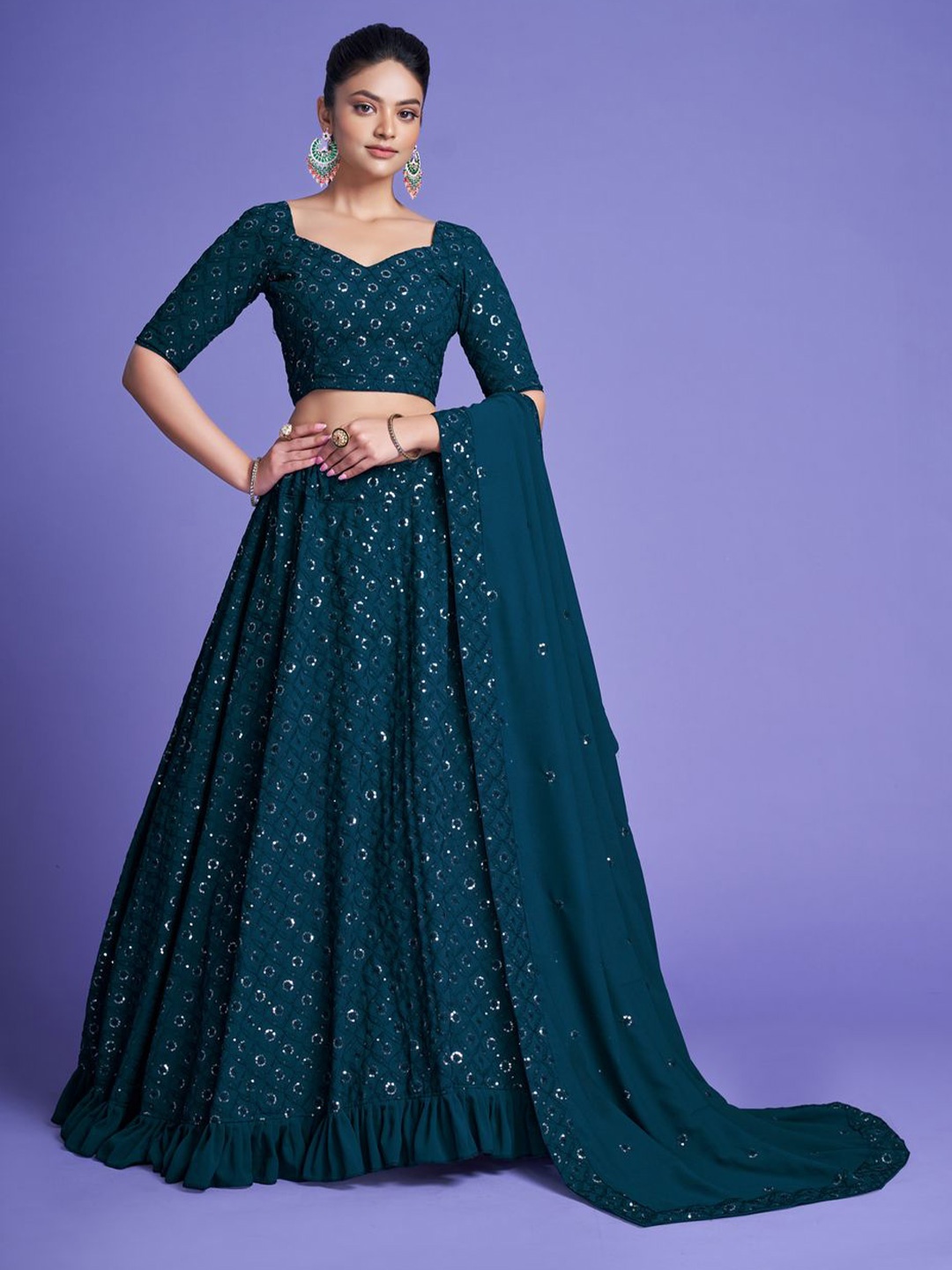 

Anara Embroidered Sequinned Ready to Wear Lehenga & Unstitched Blouse With Dupatta, Green